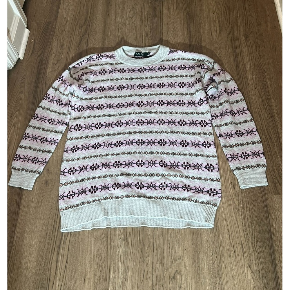Lauren Ralph Lauren Womens Fair Isle Knit Sweater Medium Pink Cream Preppy